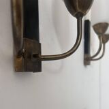 Pair of vintage double wall lights, brass and opaline, France 1950