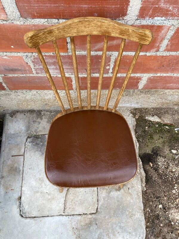 Chaise ancienne baumann western bois + assise skaï marron vintage