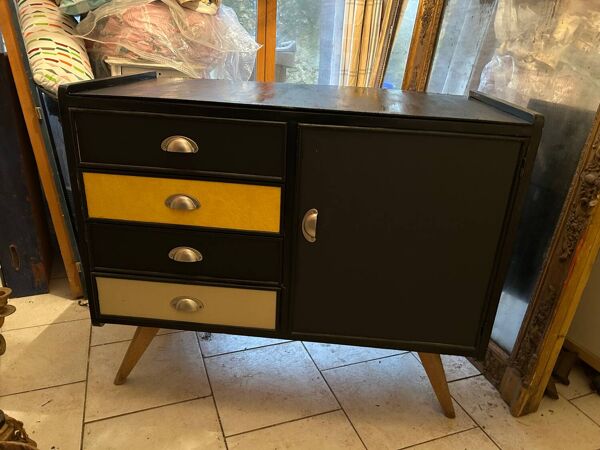 Commode buffet année 60 cuir et bois