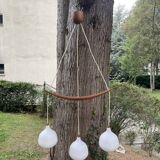 Scandinavian triple pendant light in Opaline and oak by Uno & Östen Kristiansson.