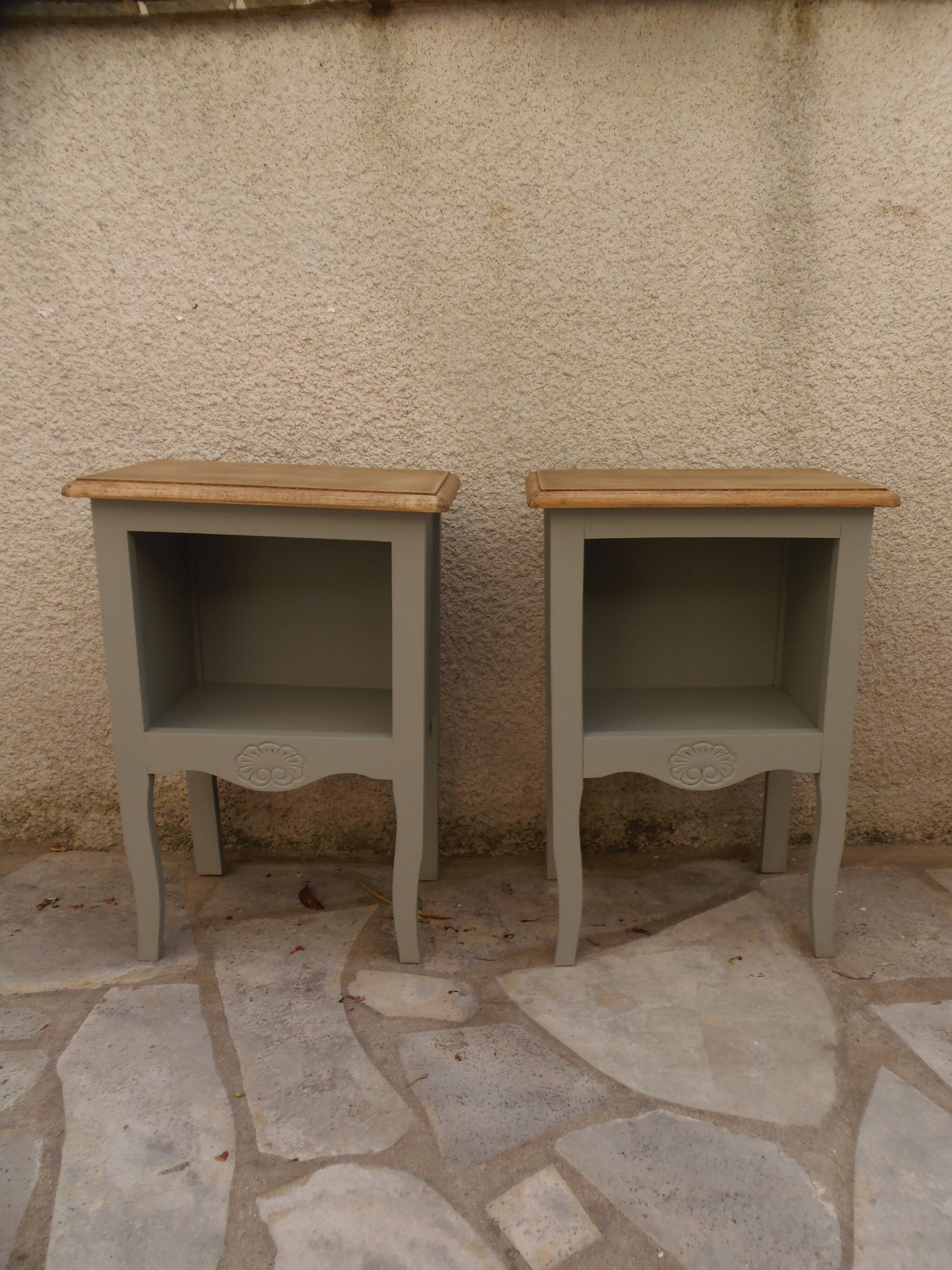 Pair of restored antique bedside tables painted in verdigris.