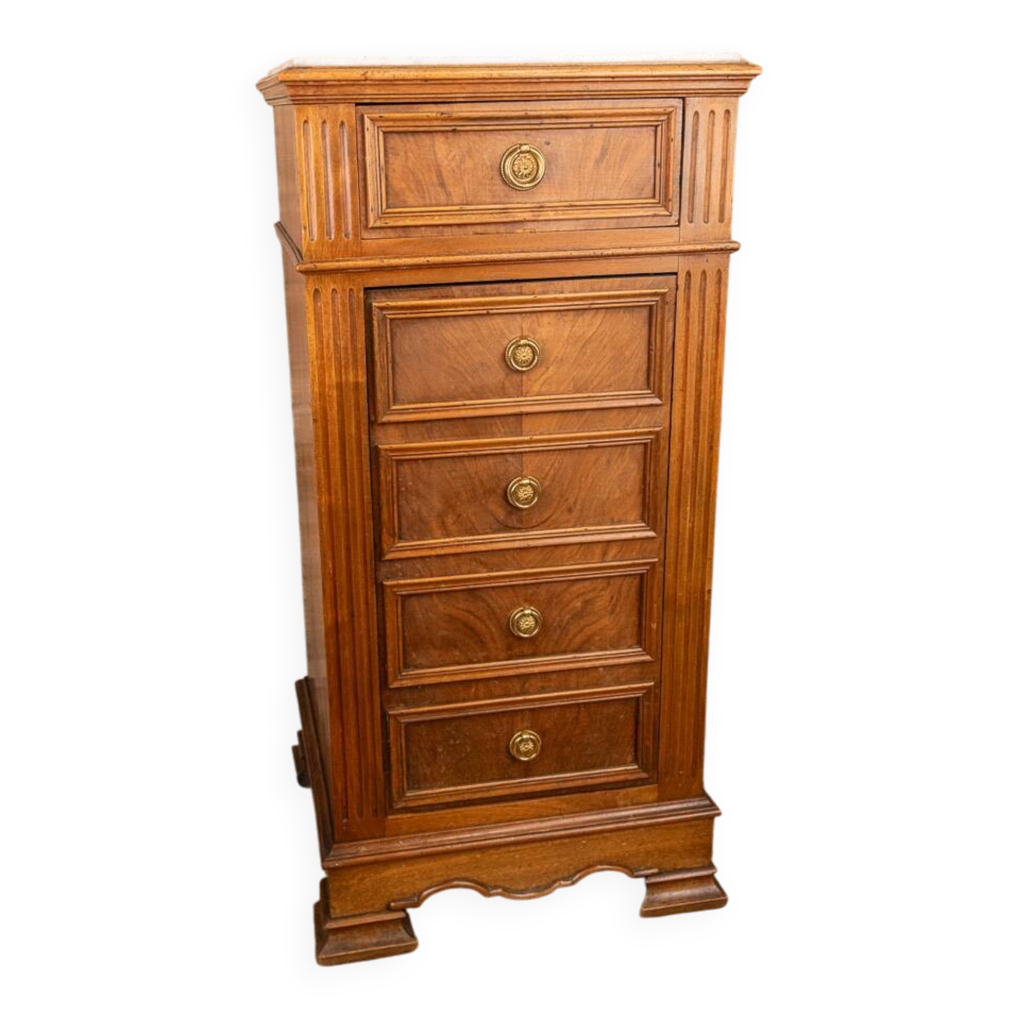 Louis XVI style bedside chest of drawers, marble top, late 19th century.