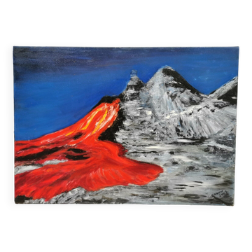 Tableau signé danou . huile sur toile tanzanie éruption volcanique juillet 2004