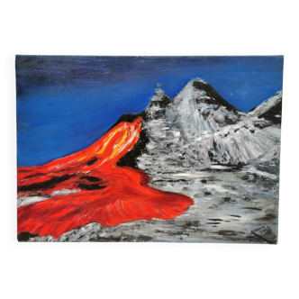 Tableau signé danou . huile sur toile tanzanie éruption volcanique juillet 2004