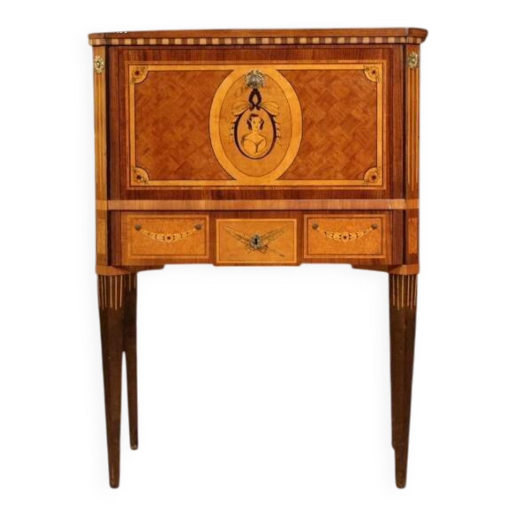 Secrétaire cabinet bargueno style Louis XVI en marqueterie de bois précieux