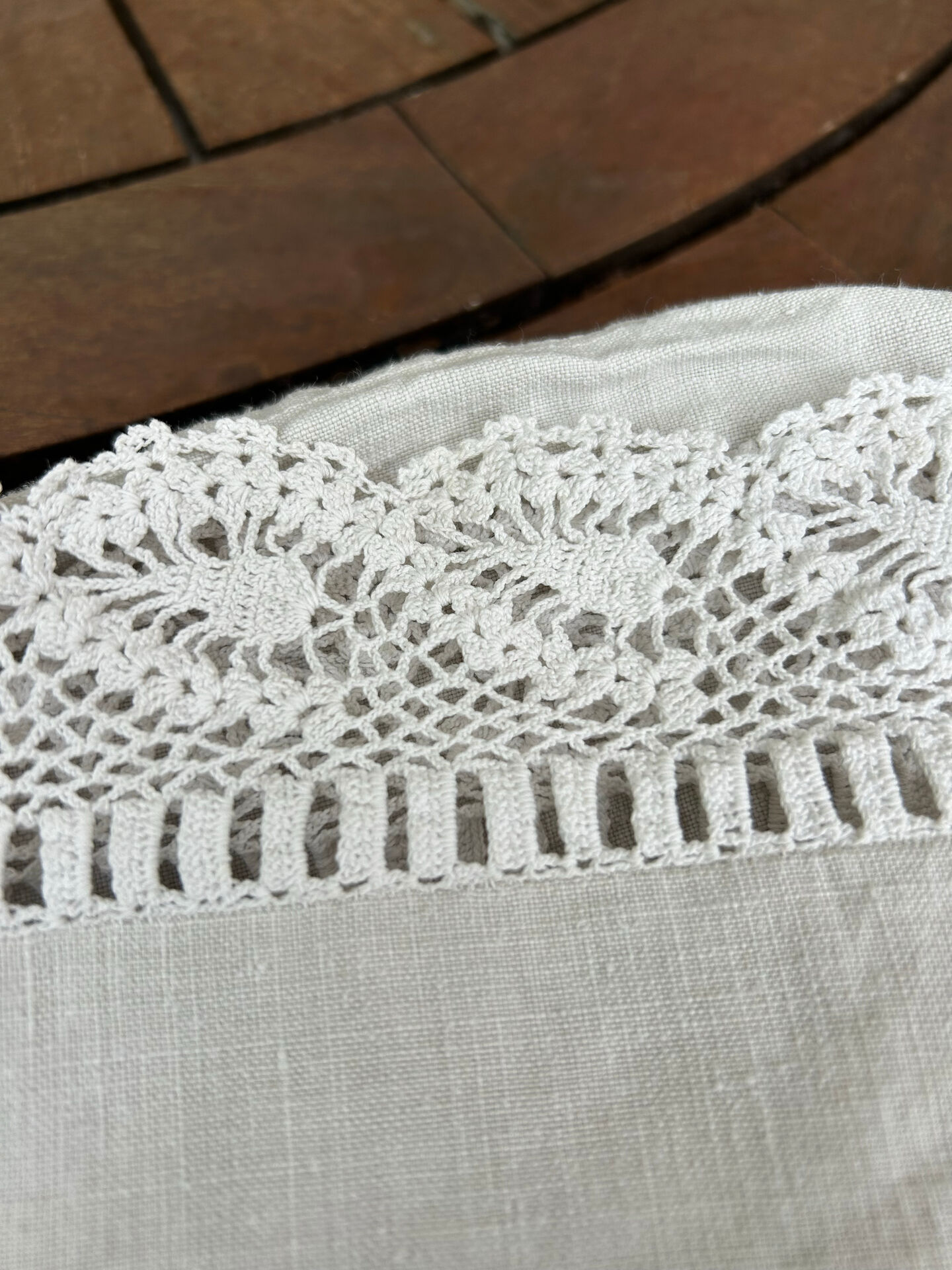 Large embroidered linen sheet with lace
