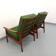Pair of vintage Scandinavian armchairs in teak and green fabric from the 1960s.