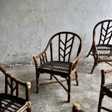 Rare McGuire 1970s dark brown rattan armchairs — set of 6, bamboo bindings, mid-century boho