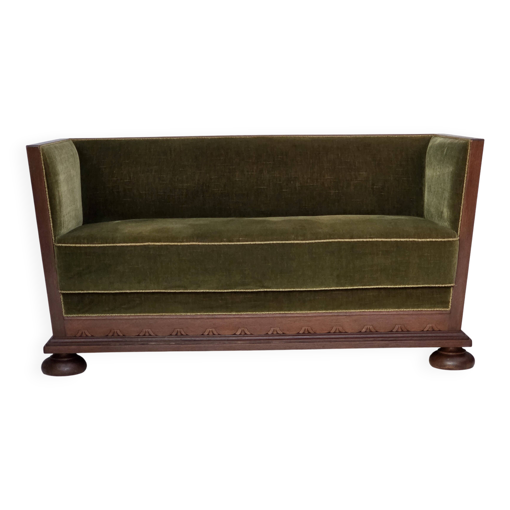 1950s, Danish 2-seater sofa, original green furniture velour, oak wood.