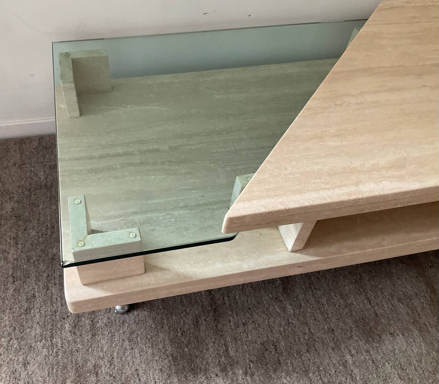 Vintage travertine and glass coffee table