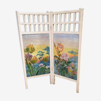Old screen with 2 paintings of flowers Rose 1915 Art Nouveau