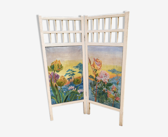 Paravent ancien avec 2 peintures de fleurs Rose 1915 Art Nouveau
