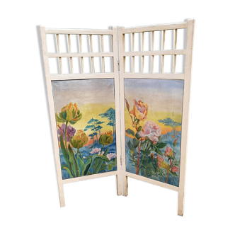 Old screen with 2 paintings of flowers Rose 1915 Art Nouveau