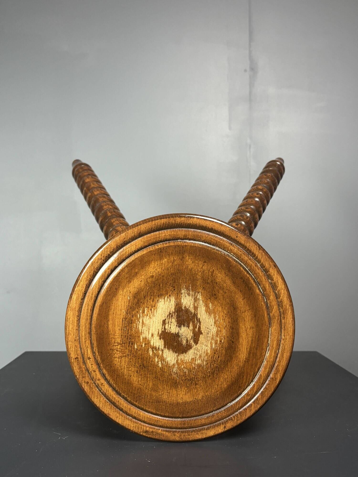 Midcentury bobbin wood turned farm house stool, France ca 1960s