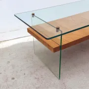 Coffee table by Robert Debiève in ash veneer, glass and brass, France 1950.