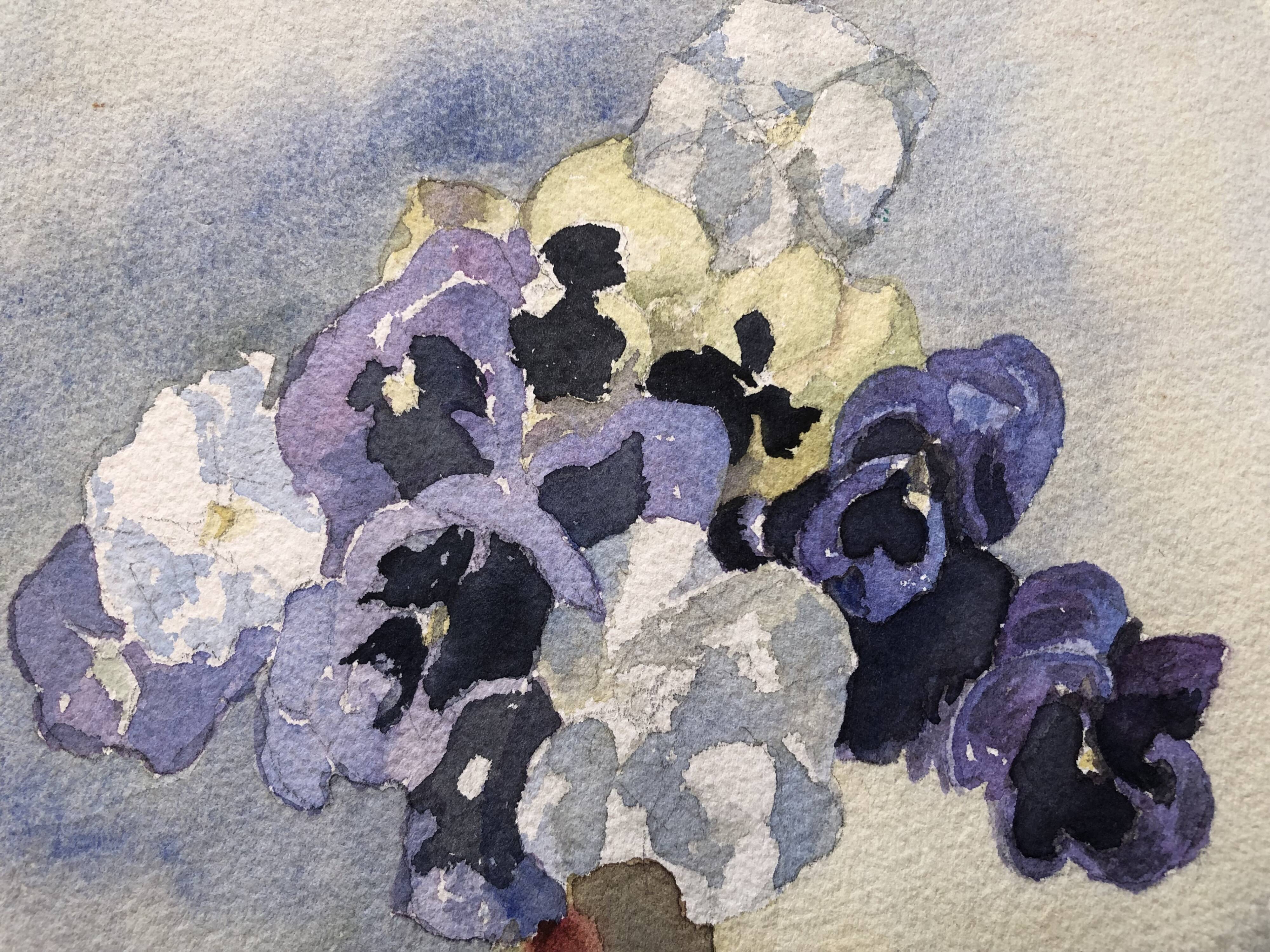 Watercolor painting potiche with pensees flowers, on paper, signed cmb or cmr, still life 1989