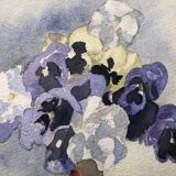 Watercolor painting potiche with pensees flowers, on paper, signed cmb or cmr, still life 1989