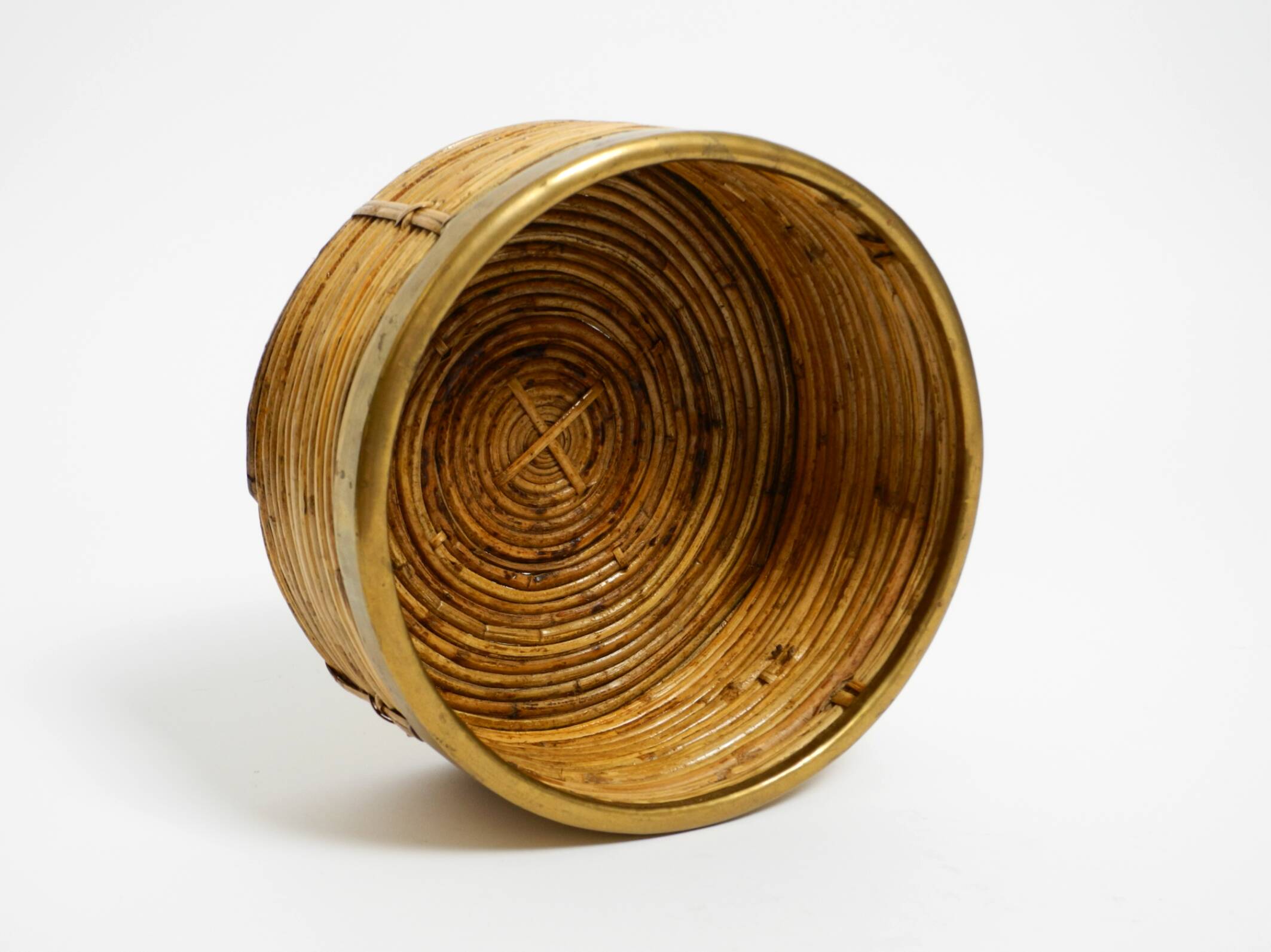 A pair of beautiful Italian Mid Century Modern bamboo bowls with brass rims