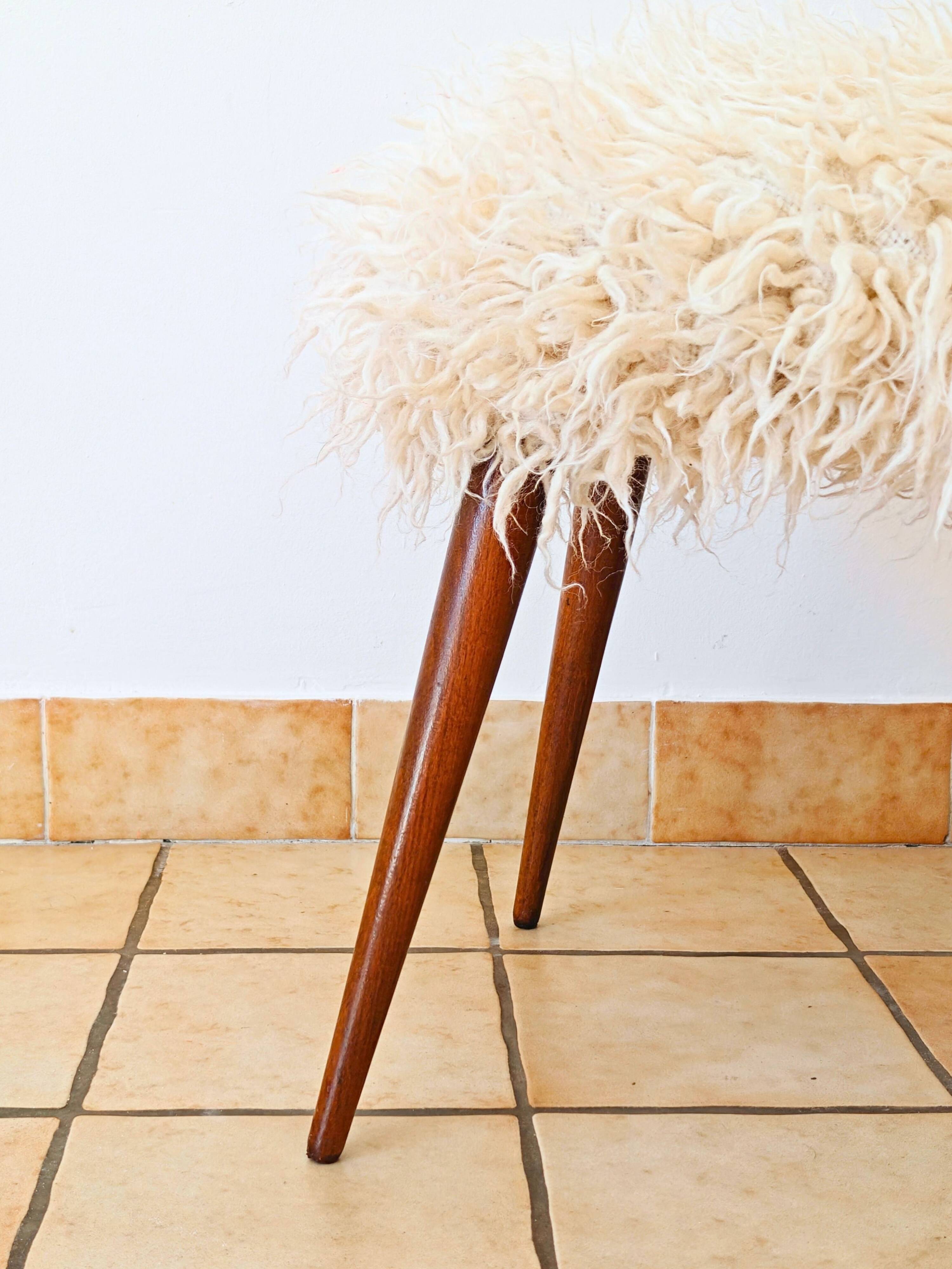 Mid-Century stool with splayed legs in genuine wool