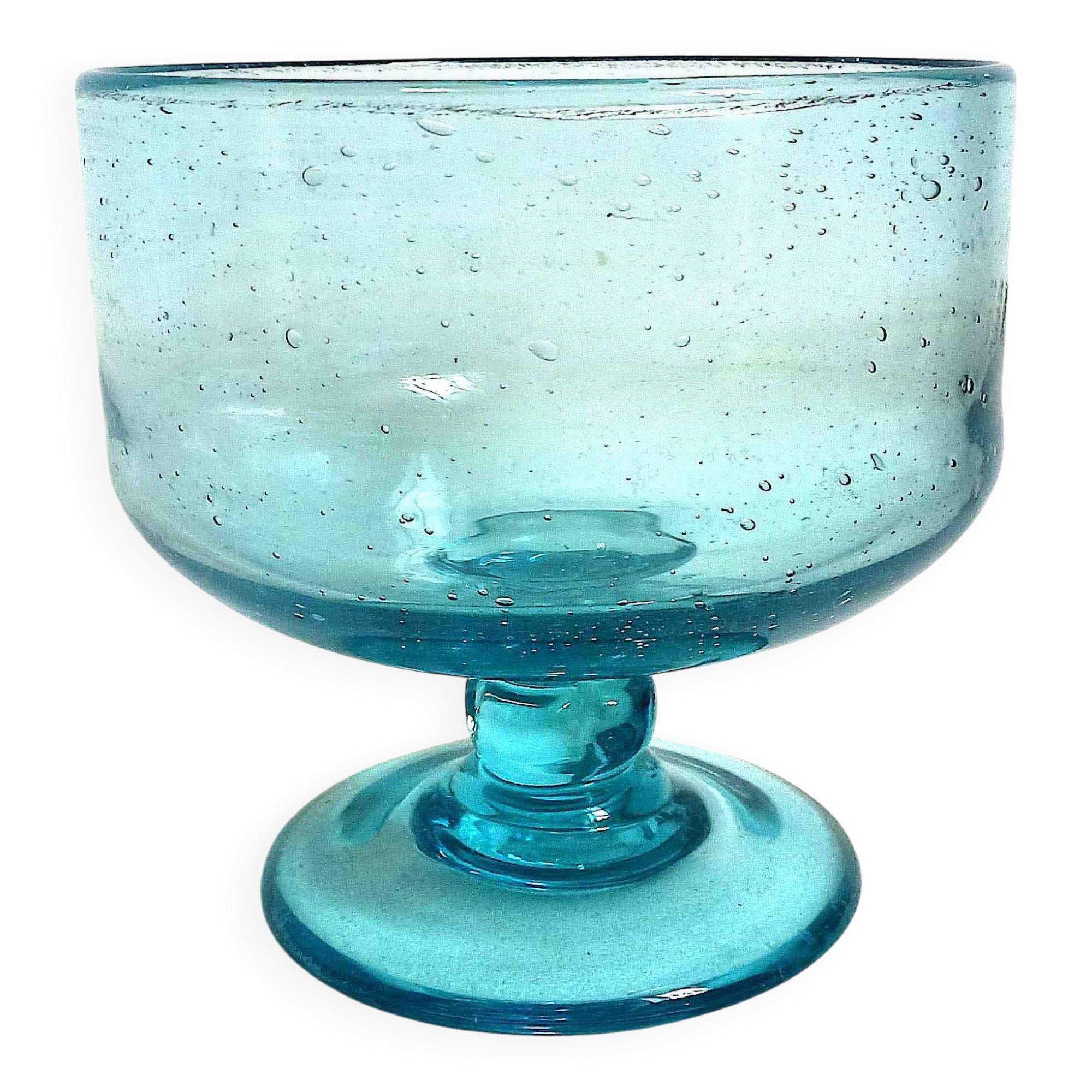 Footed bowl, 1970s, blue bubble glass, 26 cm diameter