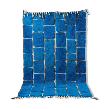 Tapis en laine pure artisanale fait main traditionnelle motifs bleus