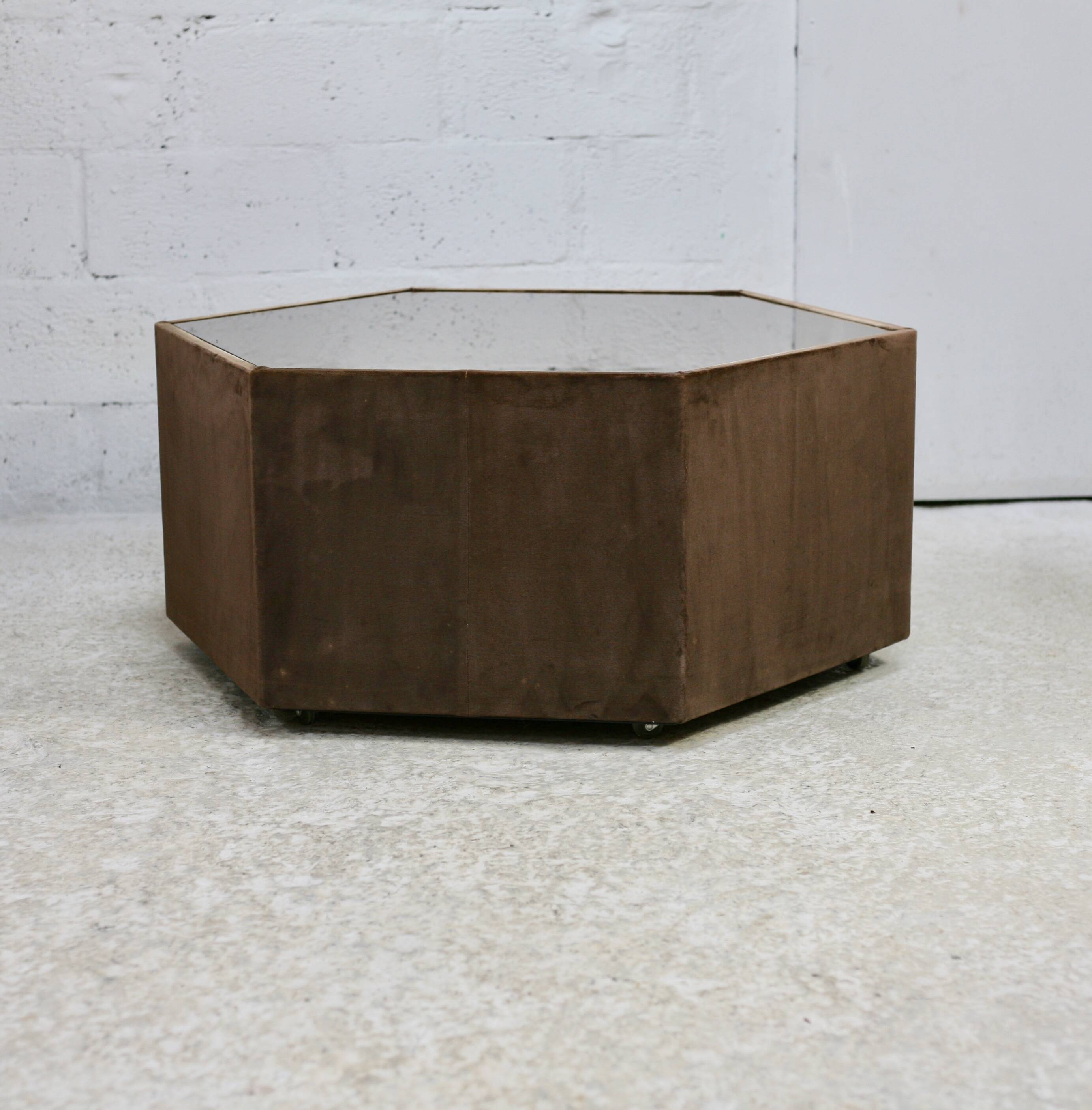 Space age table, hexagonal. Wood, velvet and smoked mirror. Circa 1970