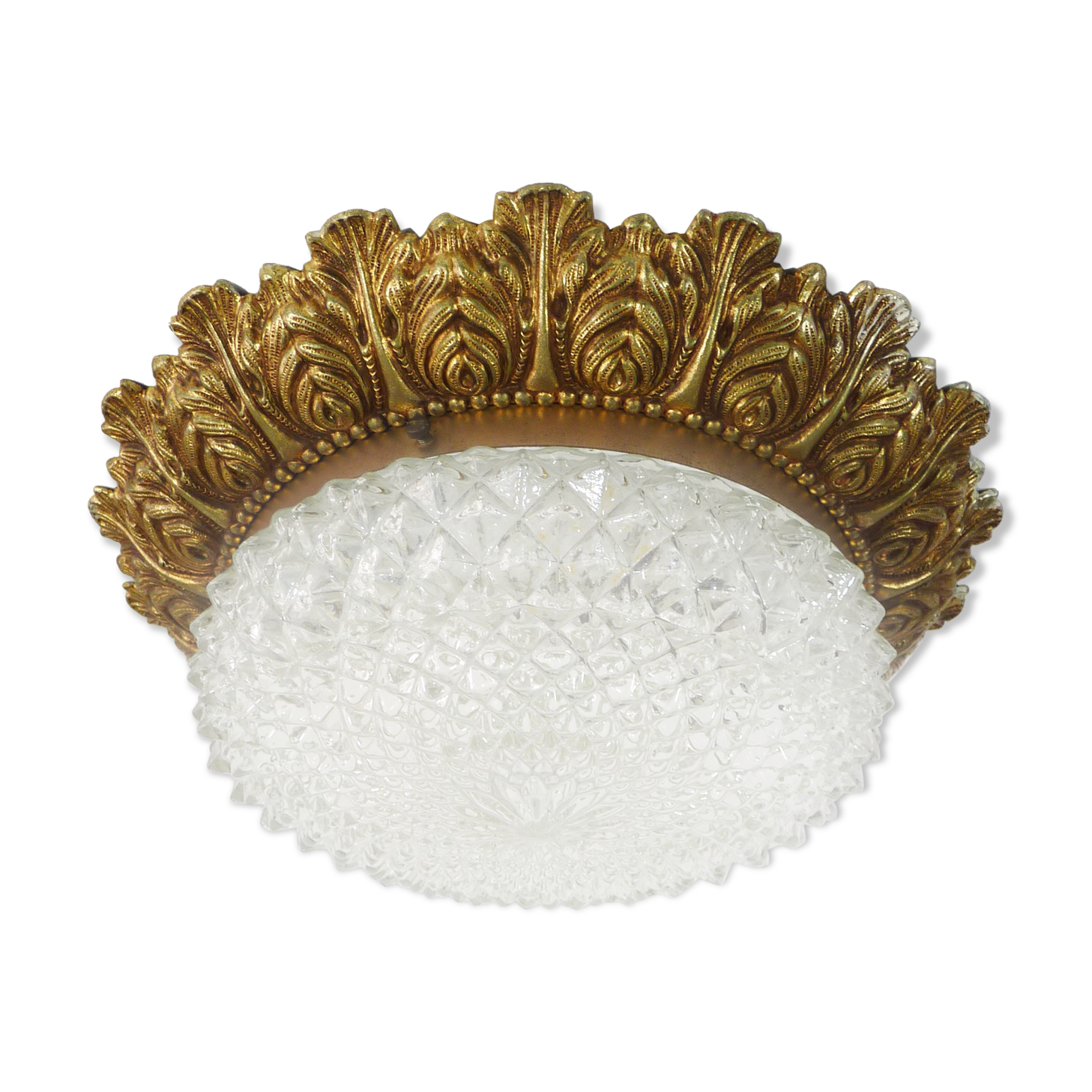 Brass and gold metal ceiling and diamond chiseled glass globe, double lights. Year 80
