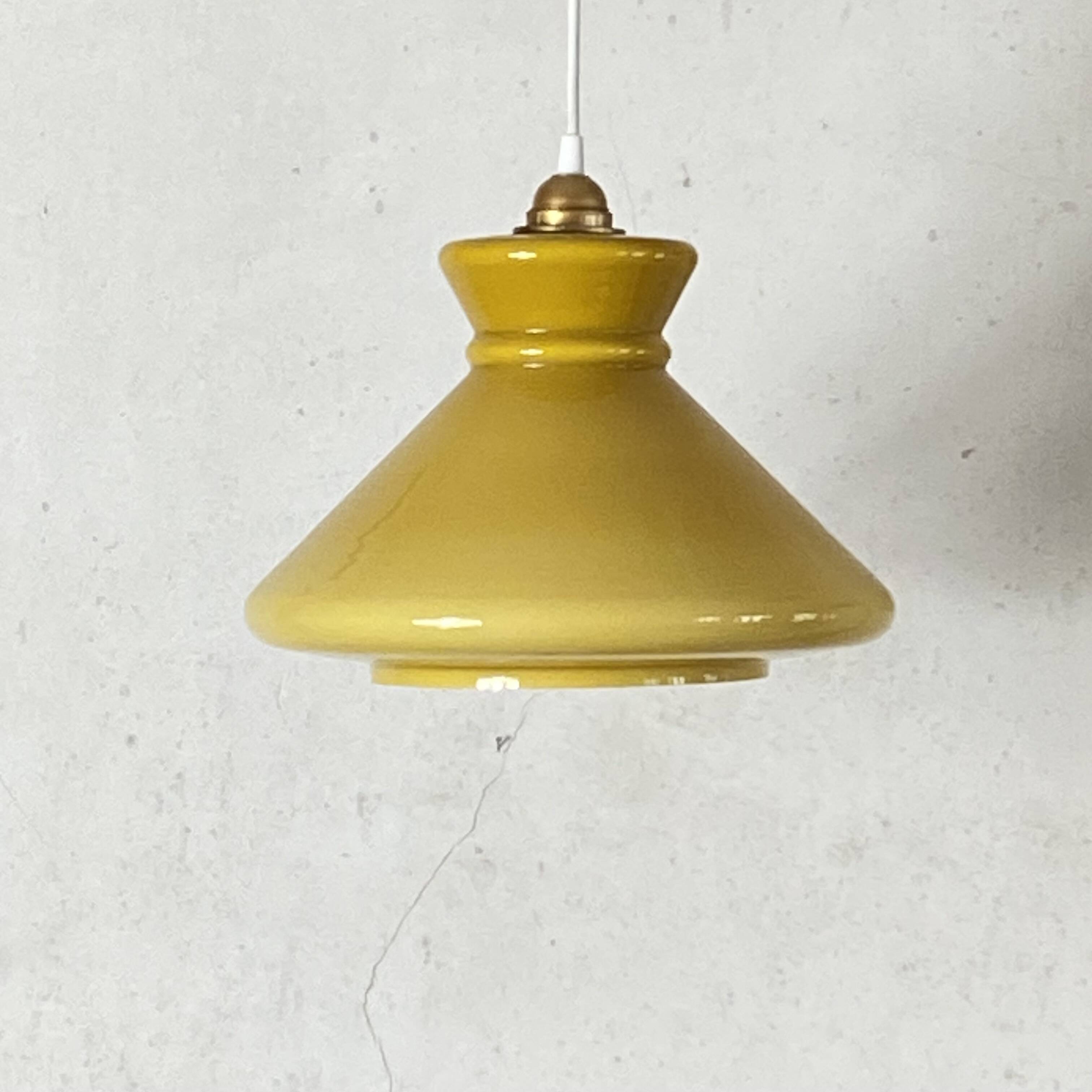 Large opaline glass pendant light in ochre 32 cm