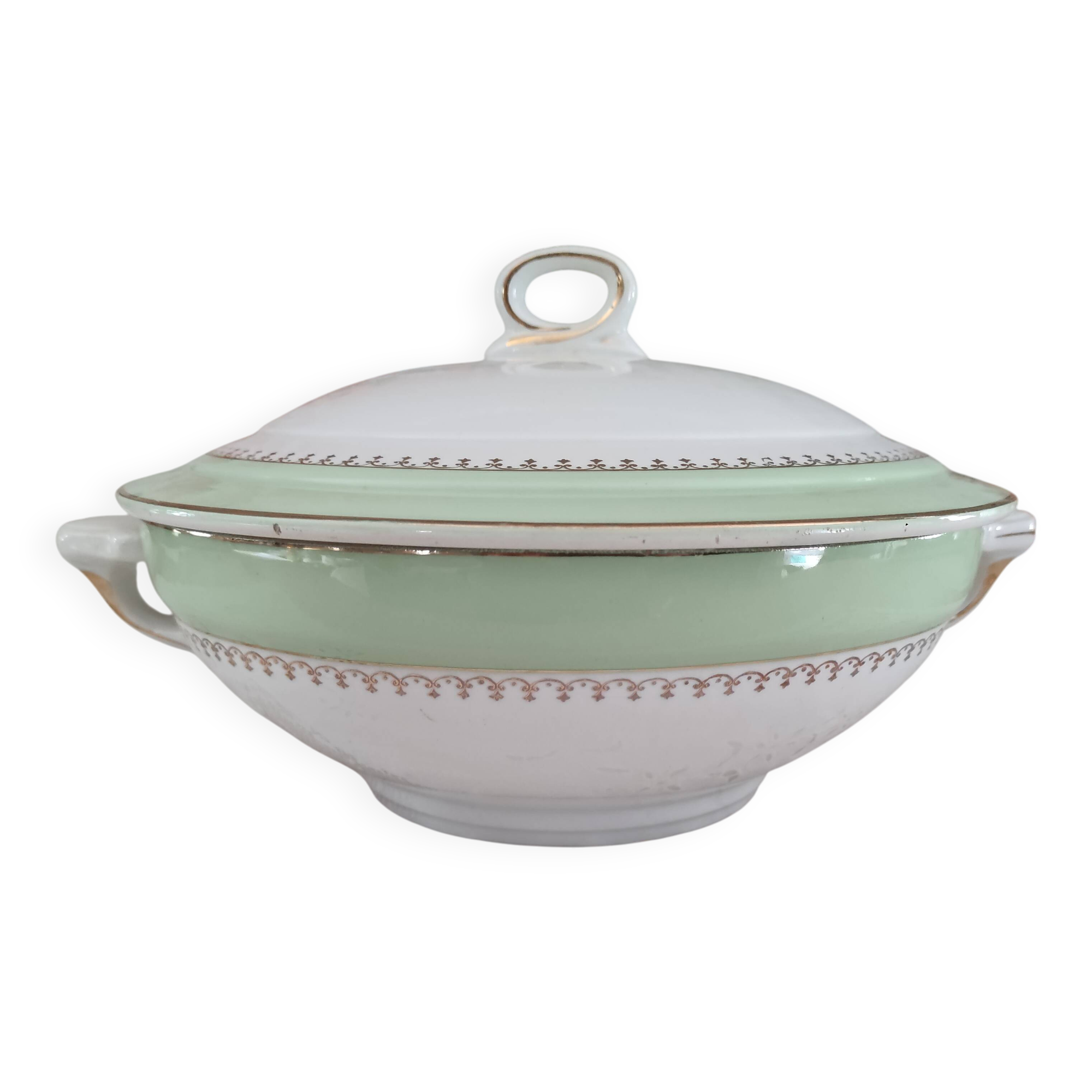 Soup tureen in water green with golden frieze, Cafés Lemaire.