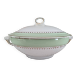 Soup tureen in water green with golden frieze, Cafés Lemaire.
