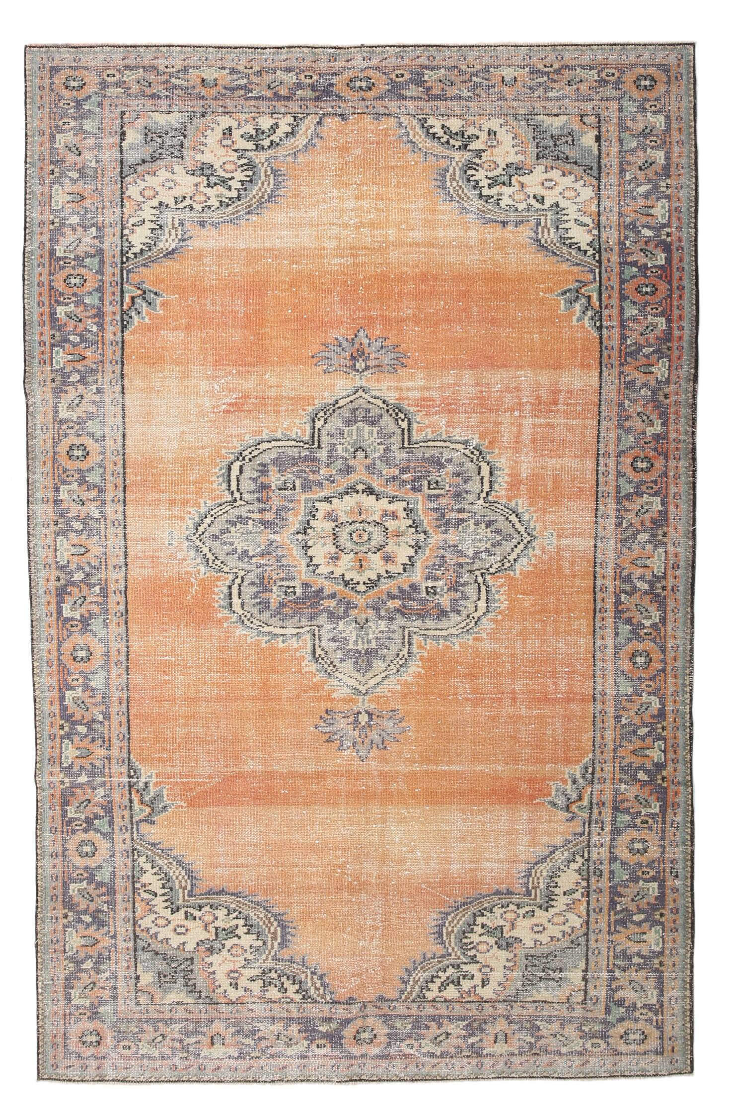 6x9 Antique Vintage Orange & Greeb Turkish Rug, 182x286Cm