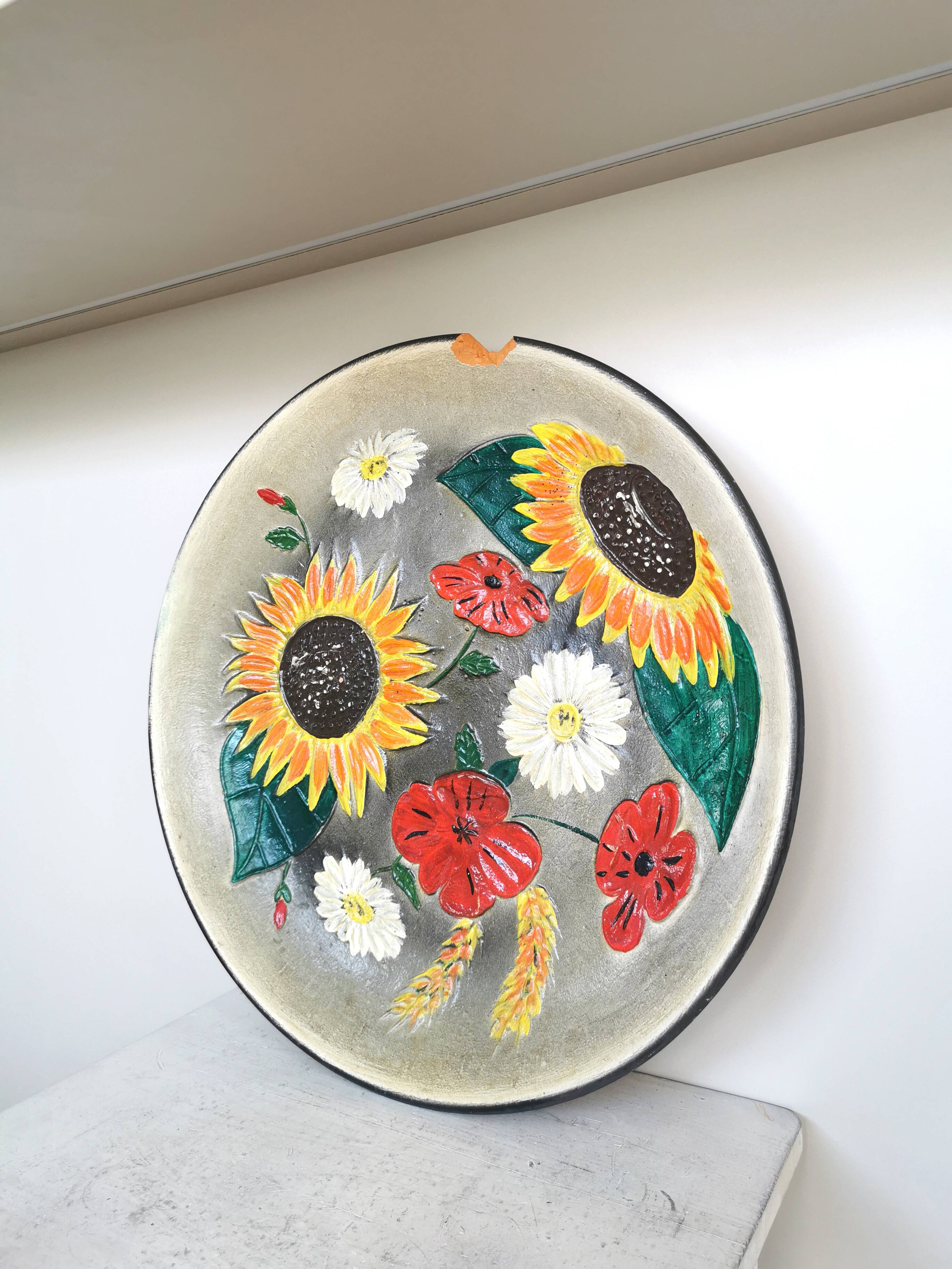 Vintage Hand-Painted Floral Clay Wall Plate - 1970s Yugoslavia