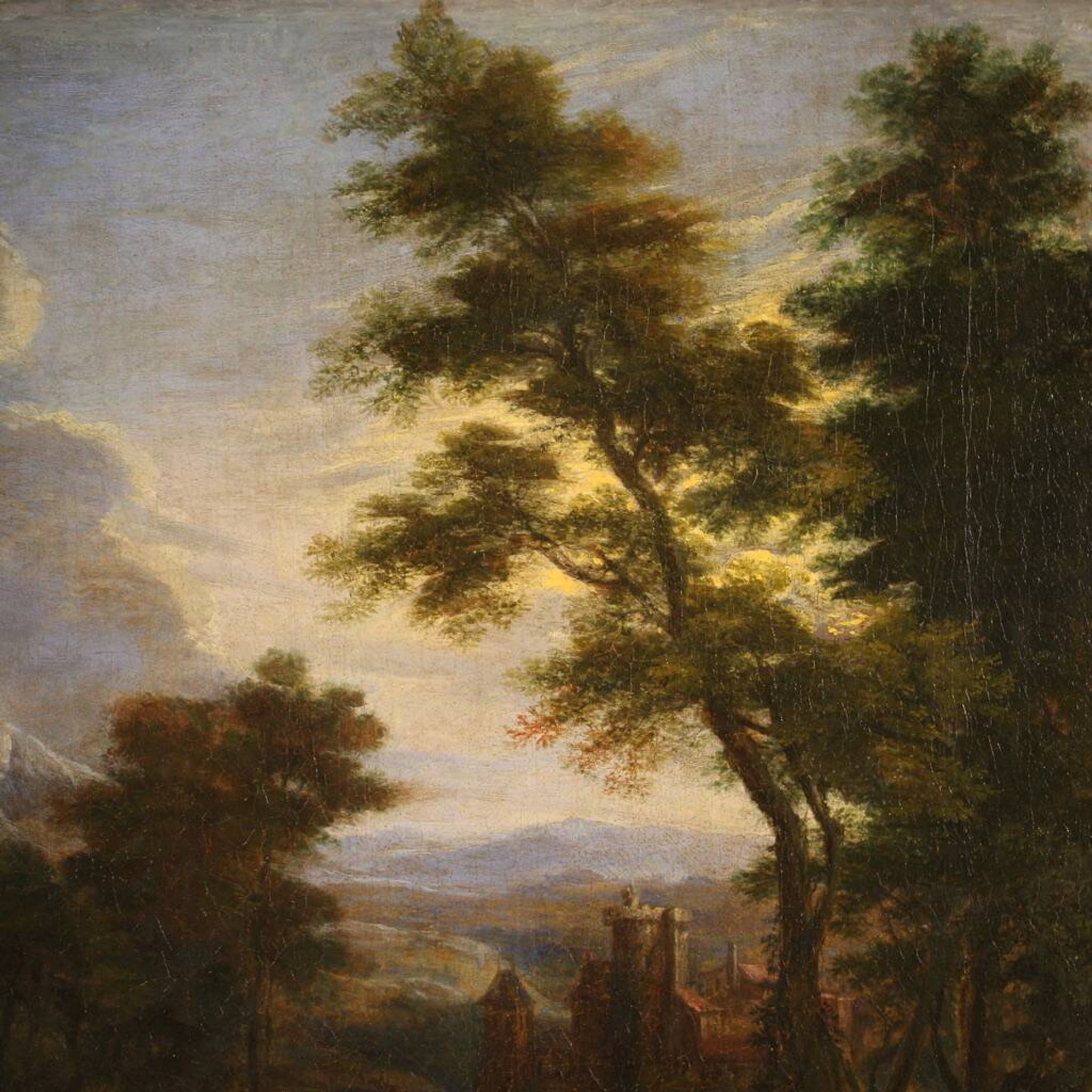 Flemish painting landscape with figures from the 17th century, the apparition of Jesus