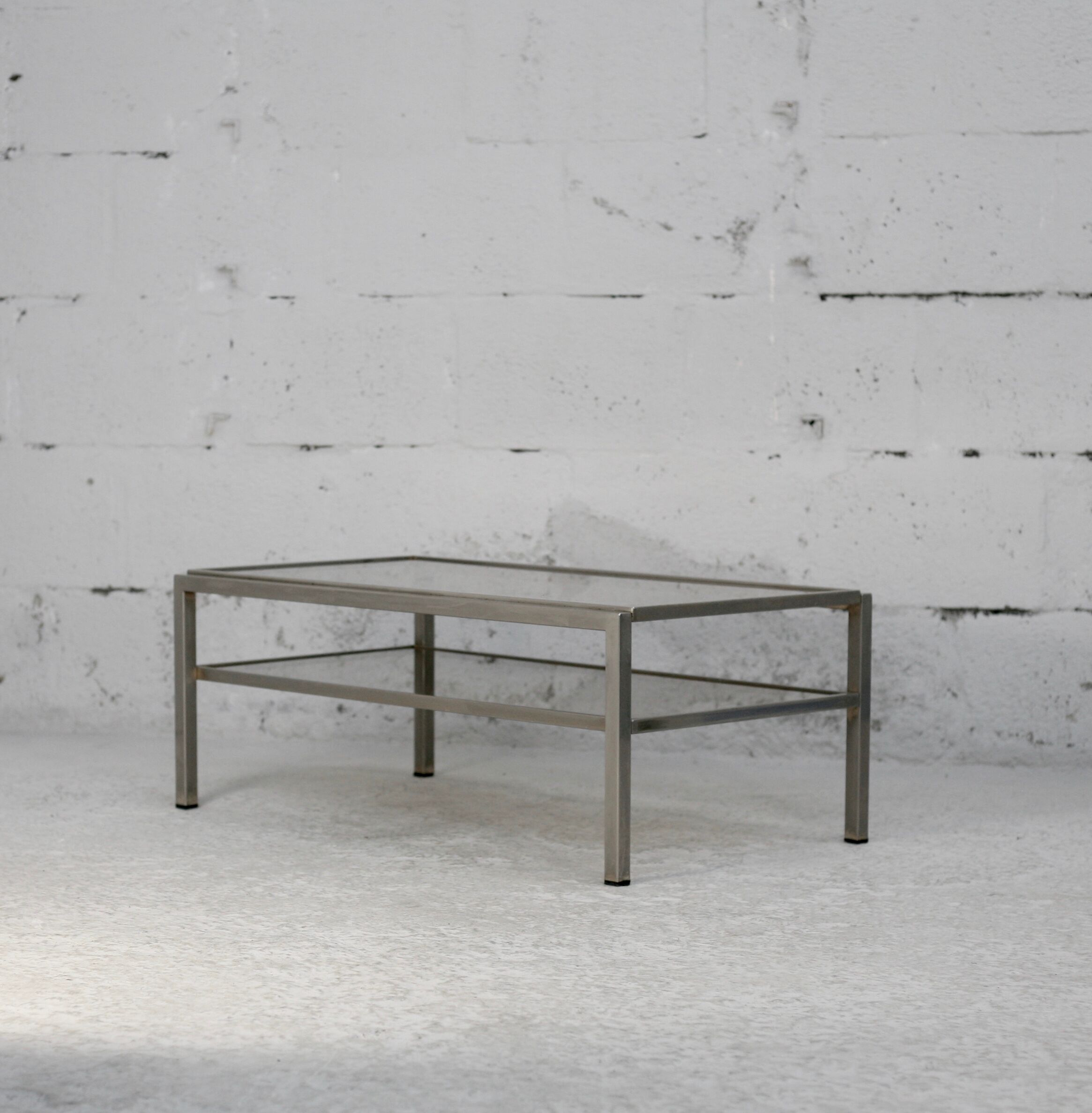 Double coffee table trays smoked glass steel. France, circa 1970