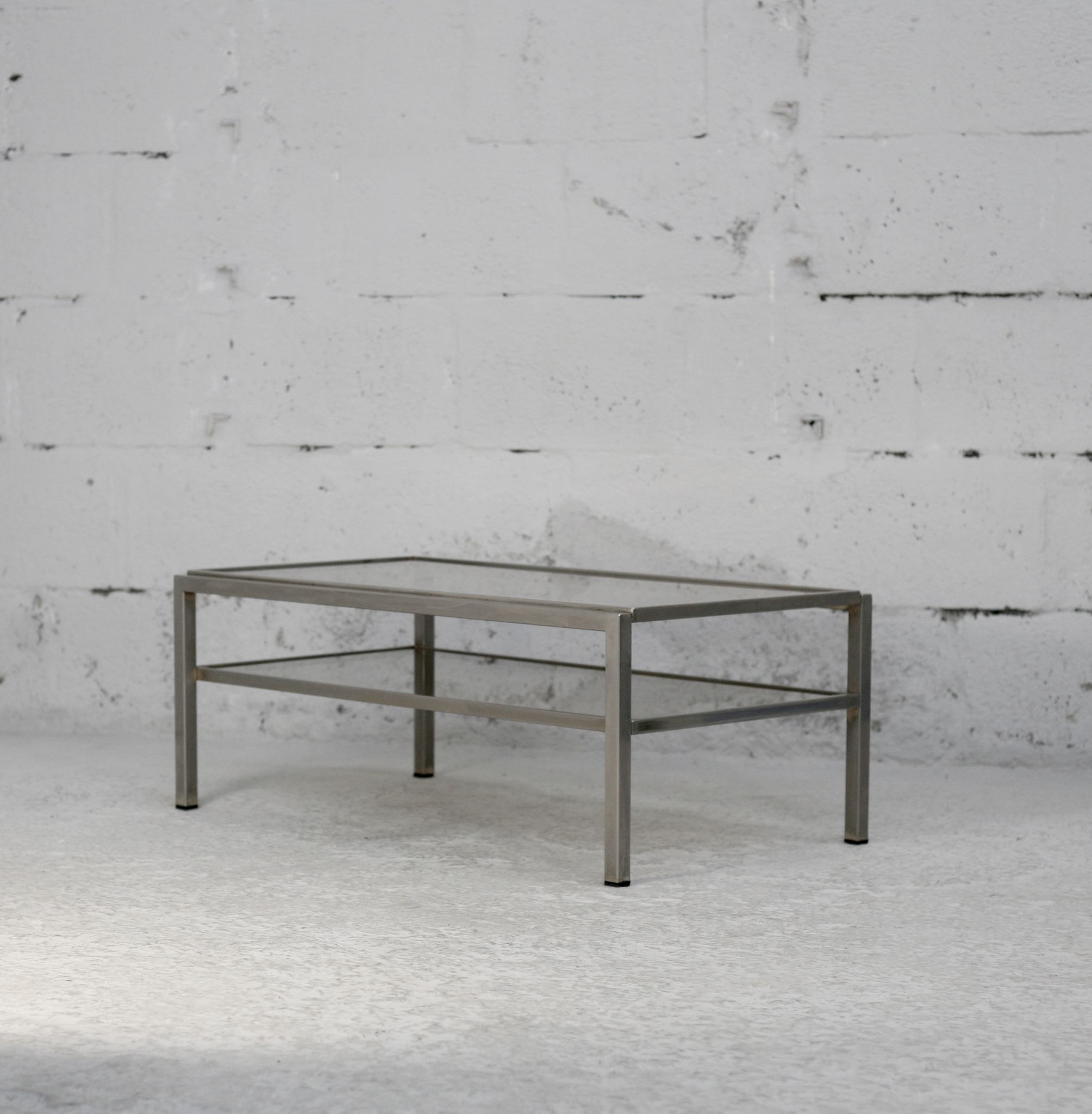 Double coffee table trays smoked glass steel. France, circa 1970