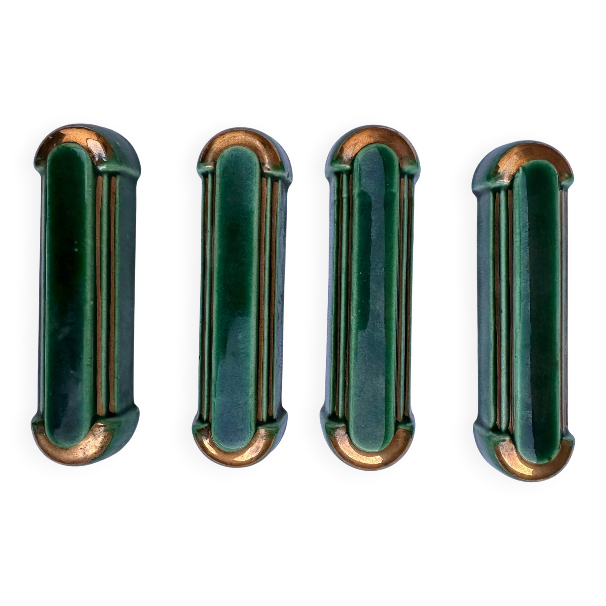4 porte-couteaux vintage style Art Déco, émail vert émeraude et or