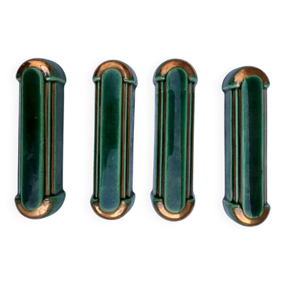 4 porte-couteaux vintage style Art Déco, émail vert émeraude et or