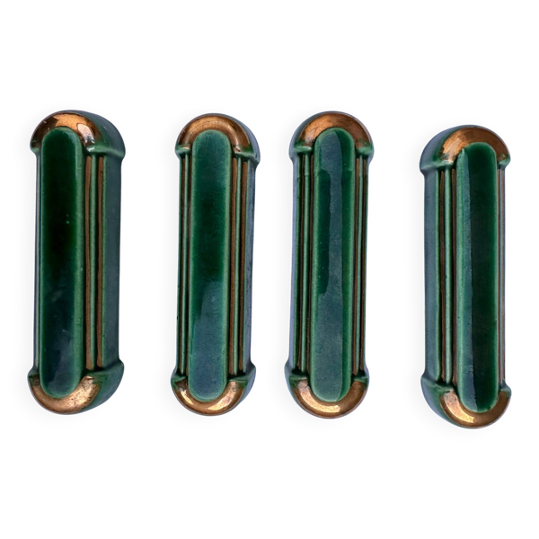 4 porte-couteaux vintage style Art Déco, émail vert émeraude et or