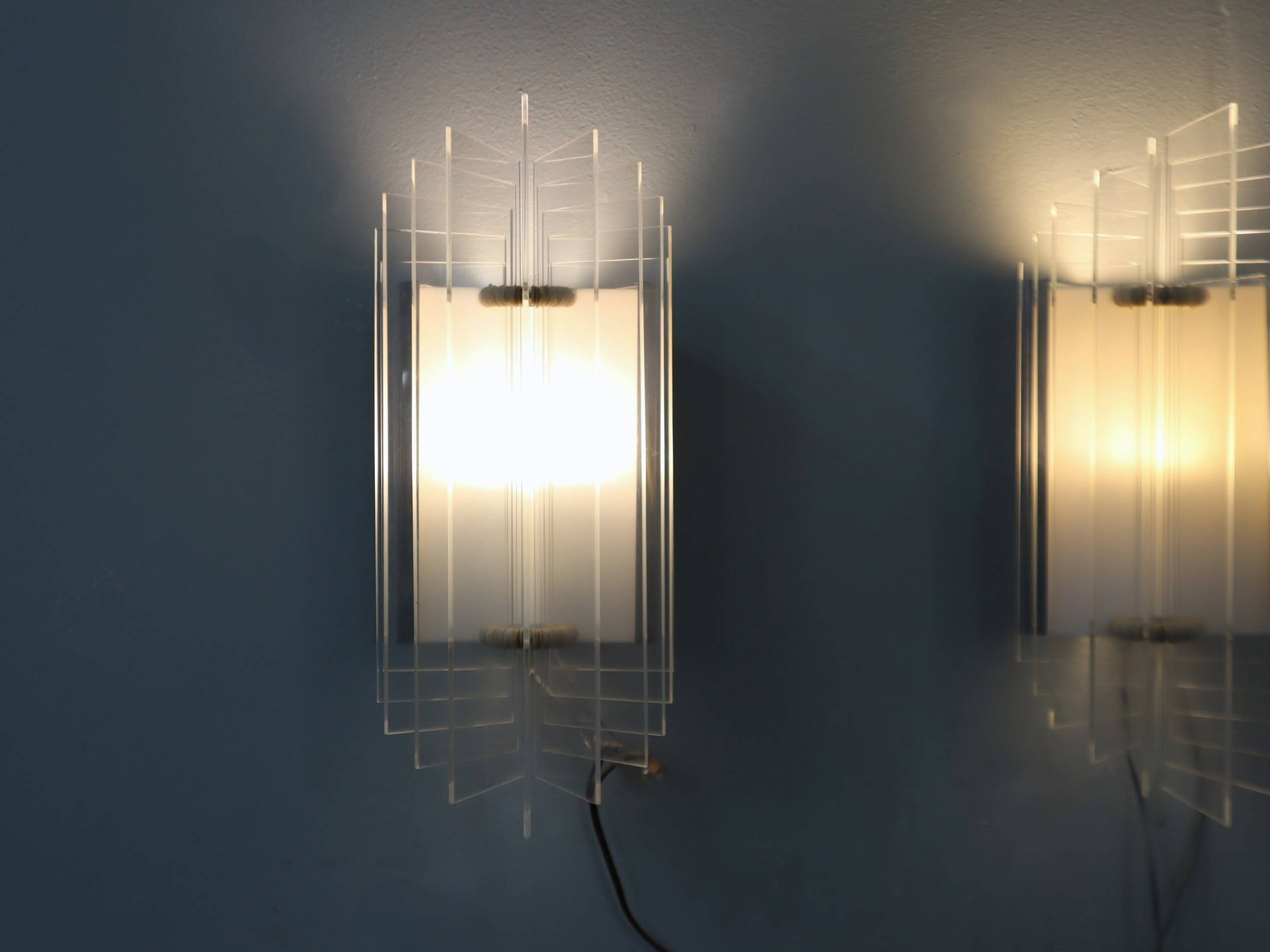 Set of 3 Italian chrome and acrylic blades wall sconces 1970s