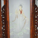 Asian wooden lantern carved with dragons and painted glass panels