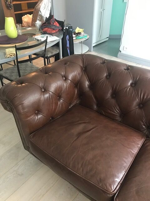 Canape chesterfield brown leather 2 places