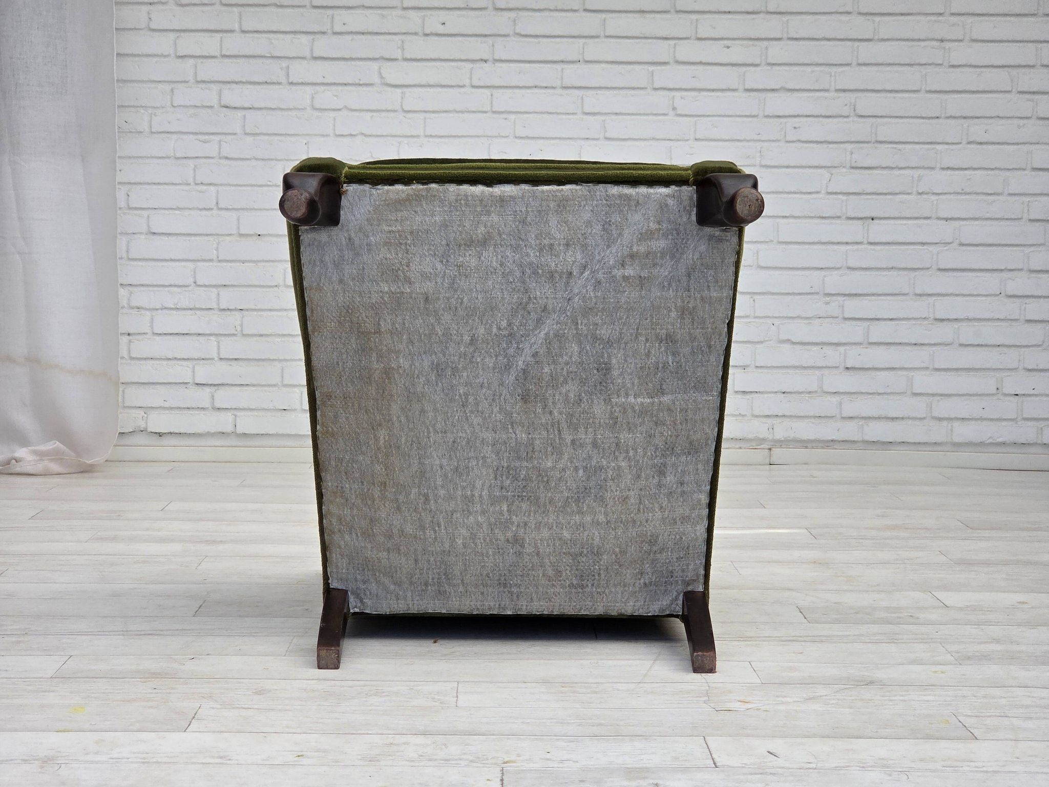 1950s, Danish armchair, green furniture velour, ash wood legs.