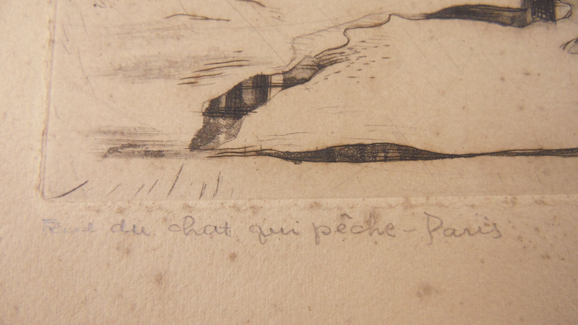 Cadre ancienne gravure Rue du chat qui peche à Paris signée