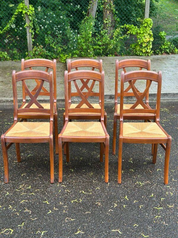 6 chaises de salle à manger directoire en bois massif paillées 1960