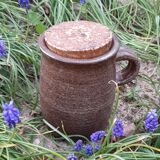 Old condiment pot in glazed pyrity sandstone, with cork lid, mid century