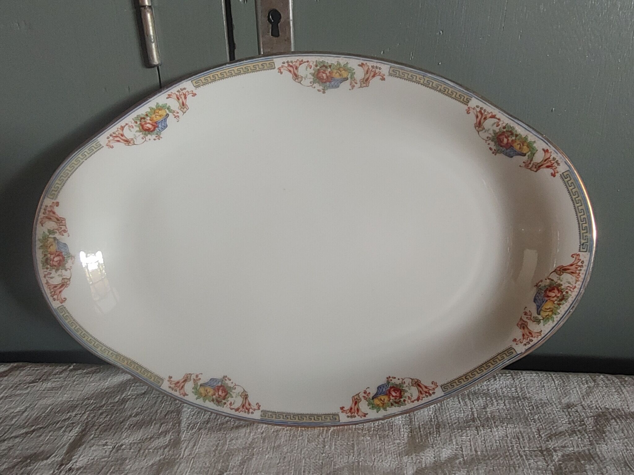 Serving dish in limoges porcelain flower baskets, fruits - early 20th