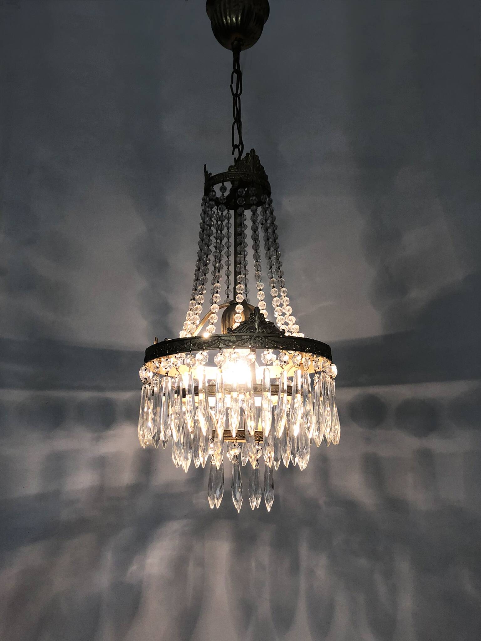 Vintage three-tiered balloon chandelier, glass pendants. 1970s.