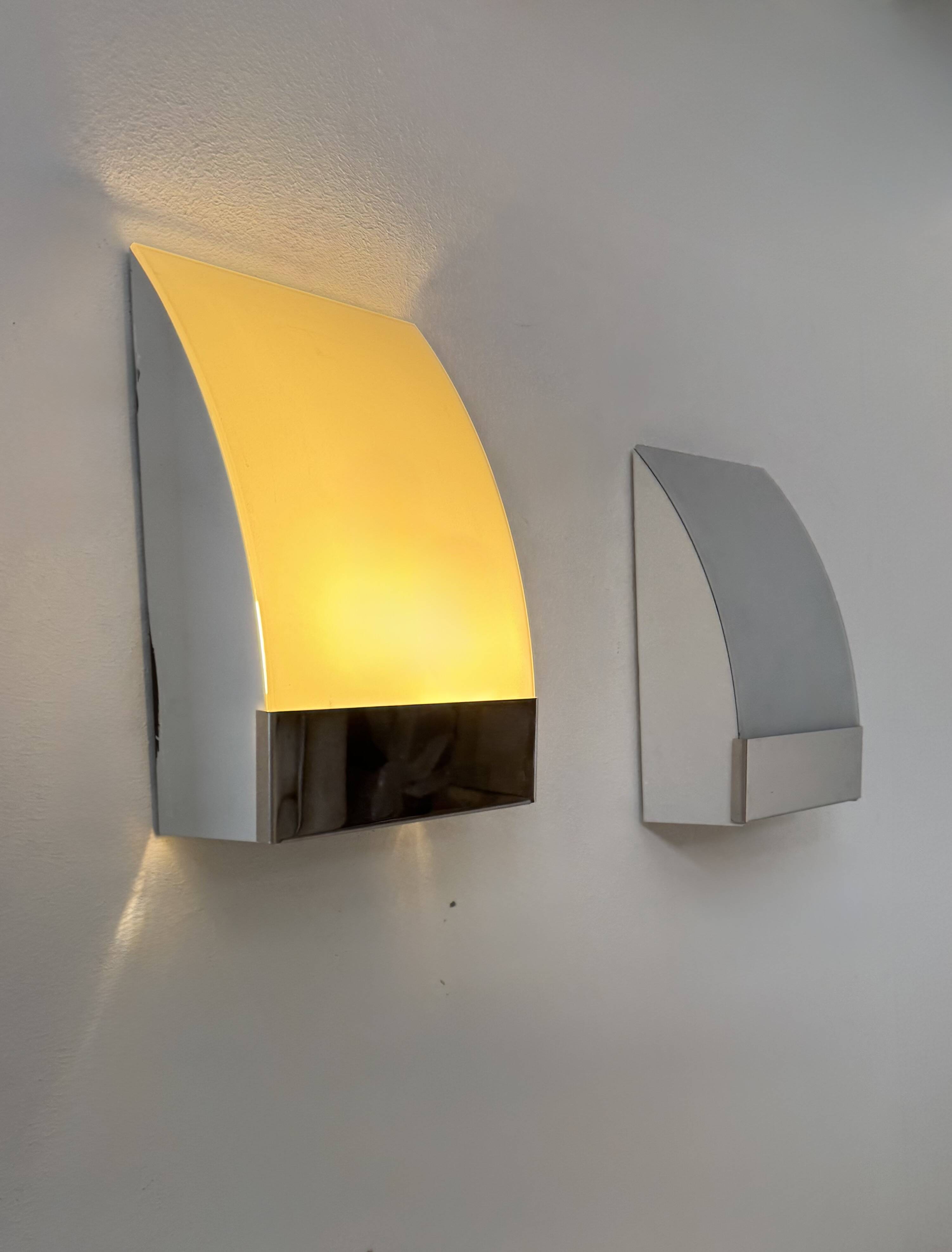 Pair of vintage wall lights, chrome-plated metal and frosted glass, France, 1980