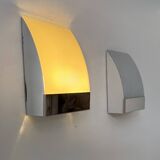 Pair of vintage wall lights, chrome-plated metal and frosted glass, France, 1980