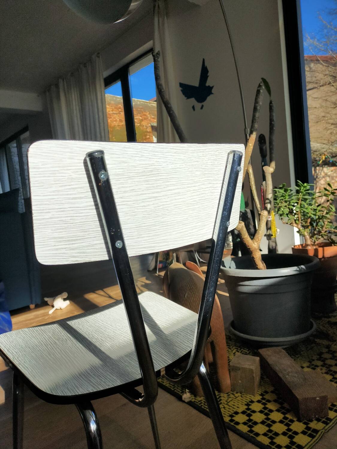 White and blue formica chair